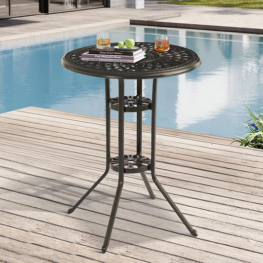 Patio Dining Table,Cast Aluminum Patio Tables with Umbrella Hole, Outdoor Bistro Table for Backyard, Garden, Patio (30" Round Table)