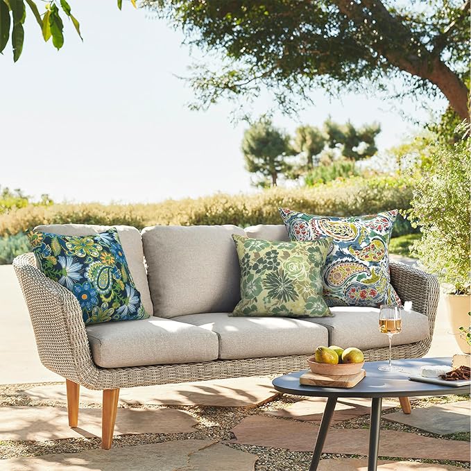 Outdoor Throw Pillows 16x16 Inch, Water Repellent Patio Pillows with Inners Set of 2 for Patio Furniture Home Graden, Green Rose