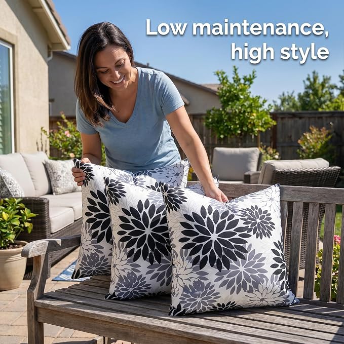 Black and Gray Dahlia Throw Pillow Covers Set of 2 Outdoor Waterproof Pillow Case 20x20 Inches Decorative Cushion Covers Spring Summer for Tent Patio Garden Living Room Sofa Bedroom
