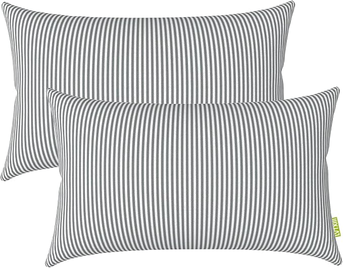LVTXIII 12×20 Inch Outdoor Lumbar Pillows, Pack of 2 Water Repellent Lumbar Pillow with Inserts, Fluffy Decorative Garden Lumbar Cushions for Home Patio Coach Sofa Use, Topanga Stripe Grey