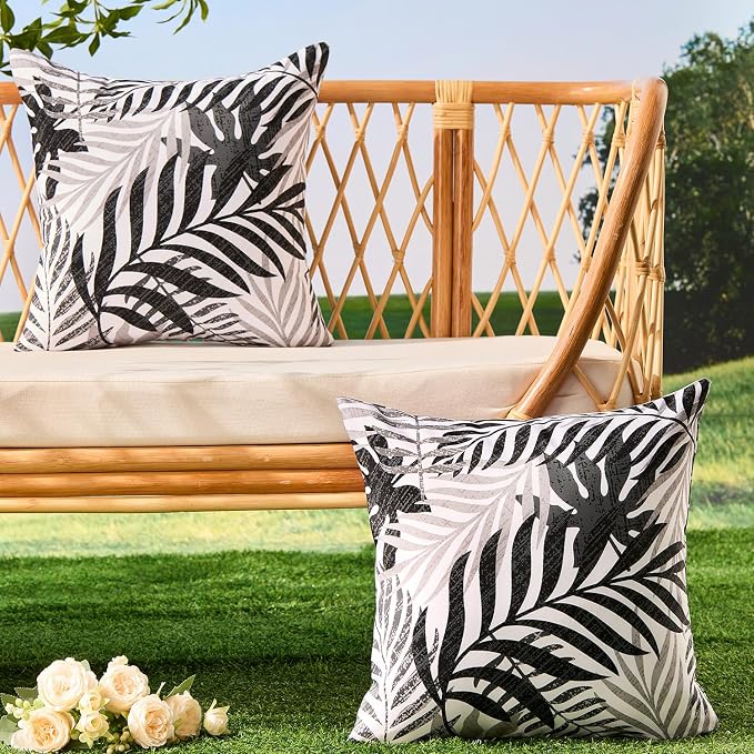 Allorry Outdoor Pillow Covers 20x20 Set of 2 Hawaii Tropics Palm Leaves Black Grey Floral Pattern Decoration Pillow Covers for Spring Summer Outdoor Waterproof Garden Patio Sofa Bed Decor JB010-C20