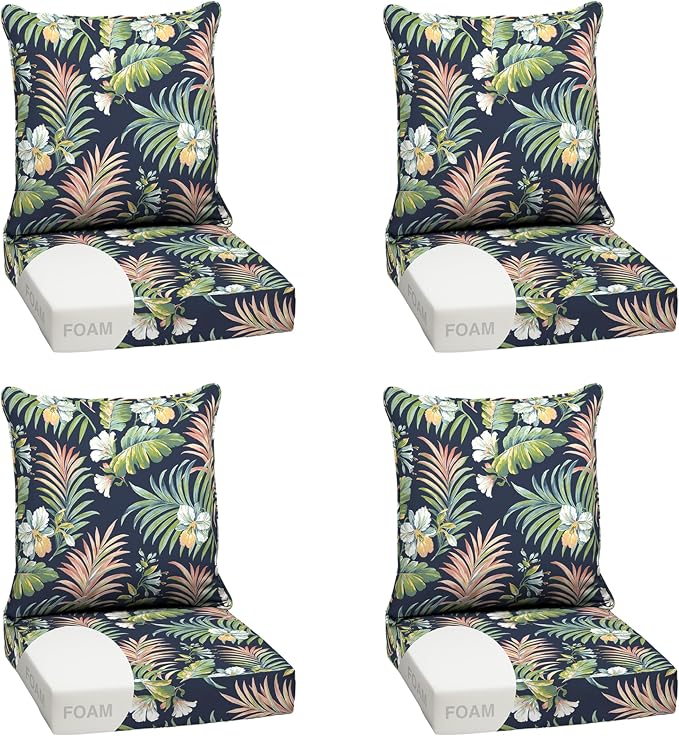Arden Outdoor Deep Seat Cushion Set, Foam, 4-Pack, 24x24, Blue Tropical | Sofa, Couch, Conversation Set, Premium High-Density Foam, Never Flattens, Mold and Mildew Resistant