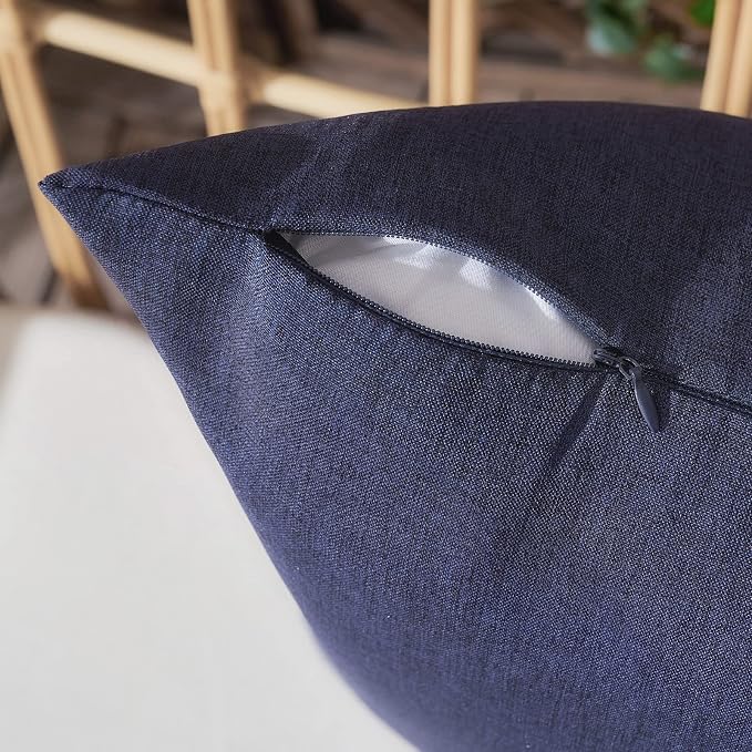 Outdoor Waterproof Throw Pillow Covers Dark Blue 16x16 Set of 2 | Decorative Farmhouse Linen Pillowcases Solid Cushion Cases for Patio Tent Balcony Couch Sofa Living Room