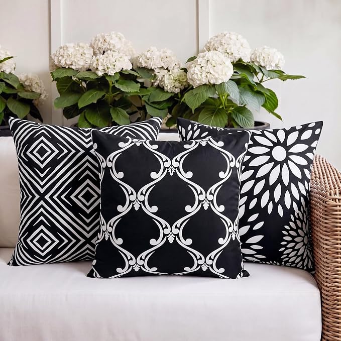 Adabana Outdoor Waterproof Floral Pillow Covers 18x18 Set of 4, Geometric | Waterproof Fabric Floral and Stripe Design for Patio, Couch, Garden Decor