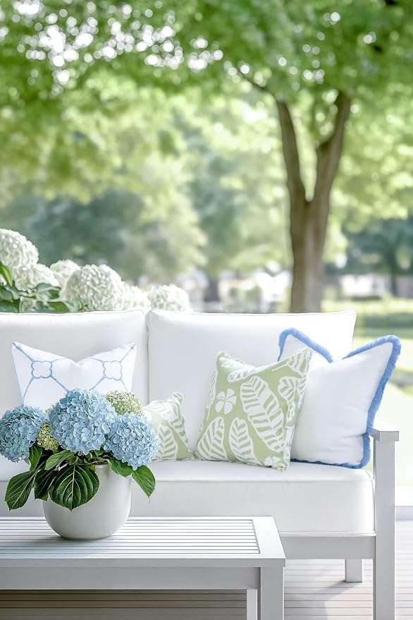 Hofdeco Premium Coastal Hampton Patio Indoor Outdoor Throw Pillow Cover Only, 20"x20" Water Repellent for Backyard, Couch, Poolside, Grass Green Print Palm Leaves and Hisbucs Flowers
