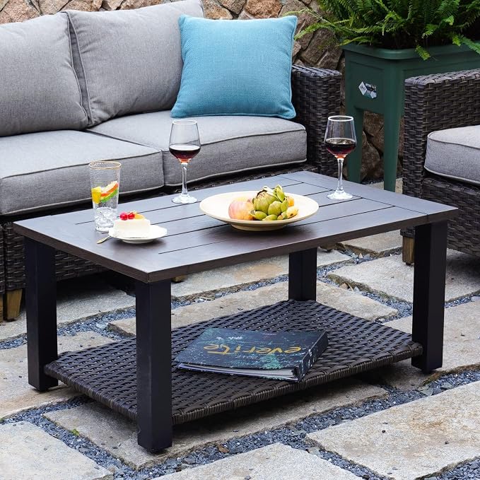 Grand patio Outdoor Coffee Table with Wicker Shelf Storage, 40-inch Rectangle Modern Patio Coffee Table with Faux Wood Tabletop, Fits with Outdoor Conversation Set