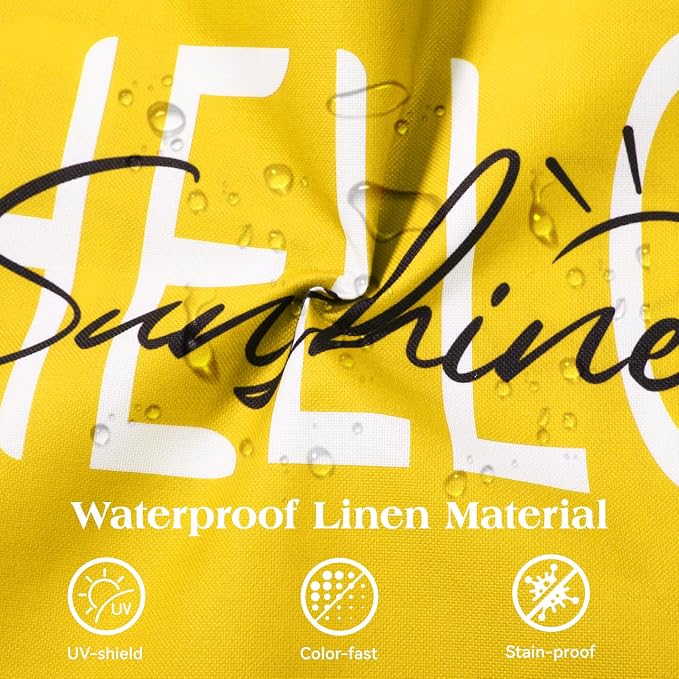 Lewondr Waterproof Outdoor Throw Pillow Cover, 18×18", Yellow | 2 Pack, Hello Sunshine Printing, Summer Garden Decor, For Patio Sofa, Balcony Couch, Bench Porch