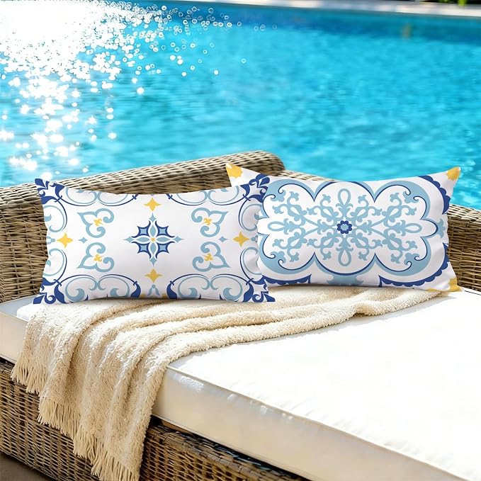 NIGHTWISH Outdoor Waterproof Pillow Covers 12x20 Set of 4 Blue Boho Decorative Outdoor Throw Pillows Floral Cushion Cases for Patio Furniture Bench Couch Sunbrella