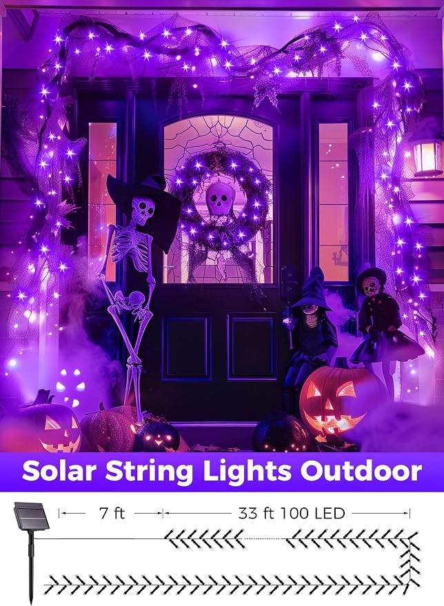 Minetom Solar Halloween Lights Outdoor, 40FT 100 LED Halloween String Light | Halloween Decoration Outdoor with 8 Modes, Black Wire, Waterproof Solar String Lights for Outside Tree Yard Party, Purple