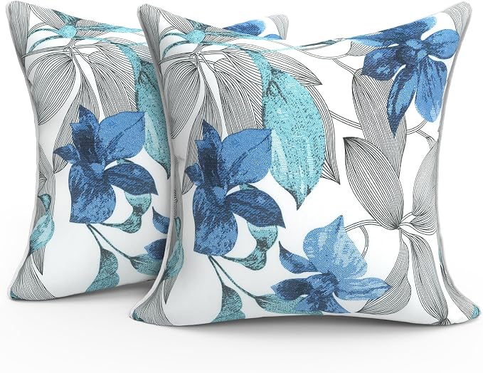 Outdoor Throw Pillows Inners, Fade Resistant Patio Furniture Square Pillows with Piping Set of 2 for Patio Furniture, 18x18 Inch, Clemens Blue