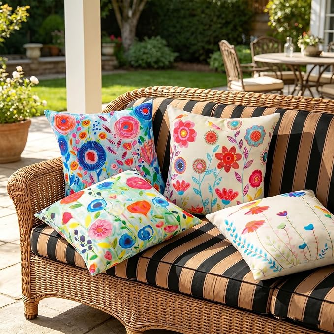 Colorful Floral Outdoor Throw Pillow Covers 18x18 Waterproof, Set of 4 | Floral Pillow Cases, Flower Decor, Spring Summer Outdoor Pillows for Patio Furniture Porch, No Decorative Pillow Inserts