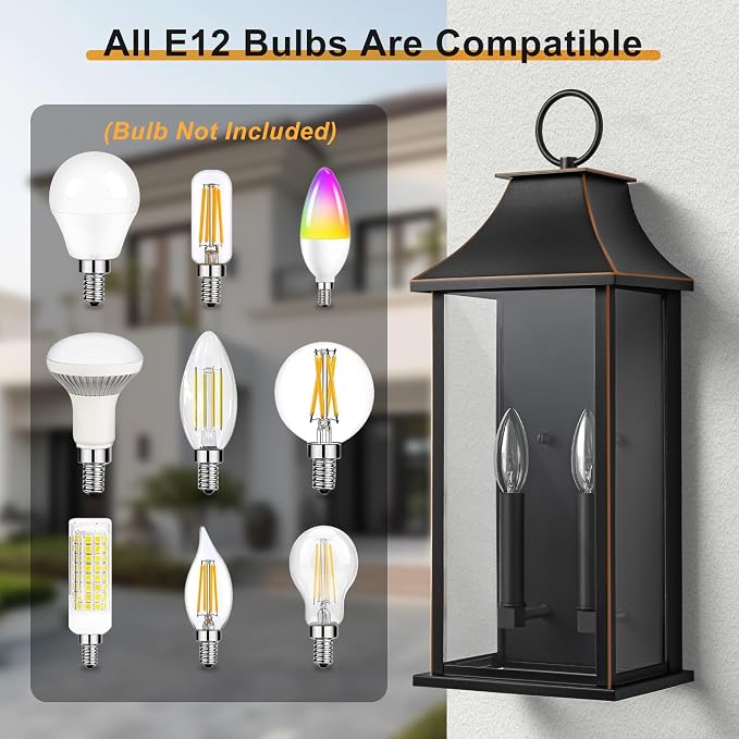 Dusk to Dawn Outdoor Wall Light, 20.6 Inch, Black with Brown Trim | Modern Exterior Light Fixture, Large Outside Wall Lantern Sconce, for House, Porch, Garage