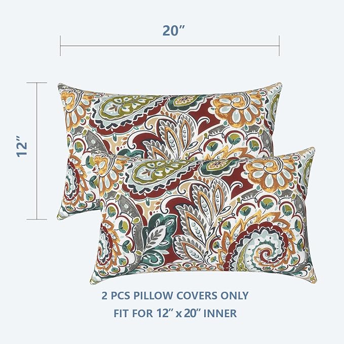 LVTXIII Outdoor/Indoor Lumbar Pillow Covers ONLY, Decorative Patio Lumbar Cushion Covers,Water Repellent Garden Cushion Cases for Home Patio Sofa Use, 12x20 inch, Pack of 2, Paisley Chilli