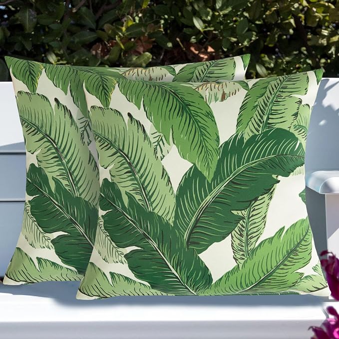 Throw Pillow with Insert, Set of 2, Outdoor Indoor Waterproof Decorative Patio Throw Pillow 18x18 Inch, Square Cushion for Couch Sofa Garden Farmhouse Decoration-Green Palm Leaf
