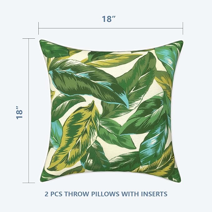 LVTXIII Outdoor Throw Pillows 18x18 Patio Waterproof Square Pillows with Piping Fade Resistant Accent Pillow for Spring Summer Garden Decoration, Set of 2, Lush Leaf Jungle