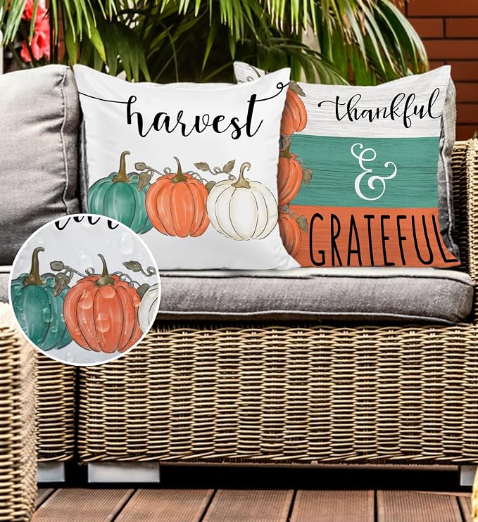 Fall Orange Pumpkin Outdoor Pillow Covers 18x18 Inch Waterproof Harvest Thankful Quotes Seasonal Throw Pillow Covers for Porch Patio Furniture Thanksgiving Farmhouse Decor