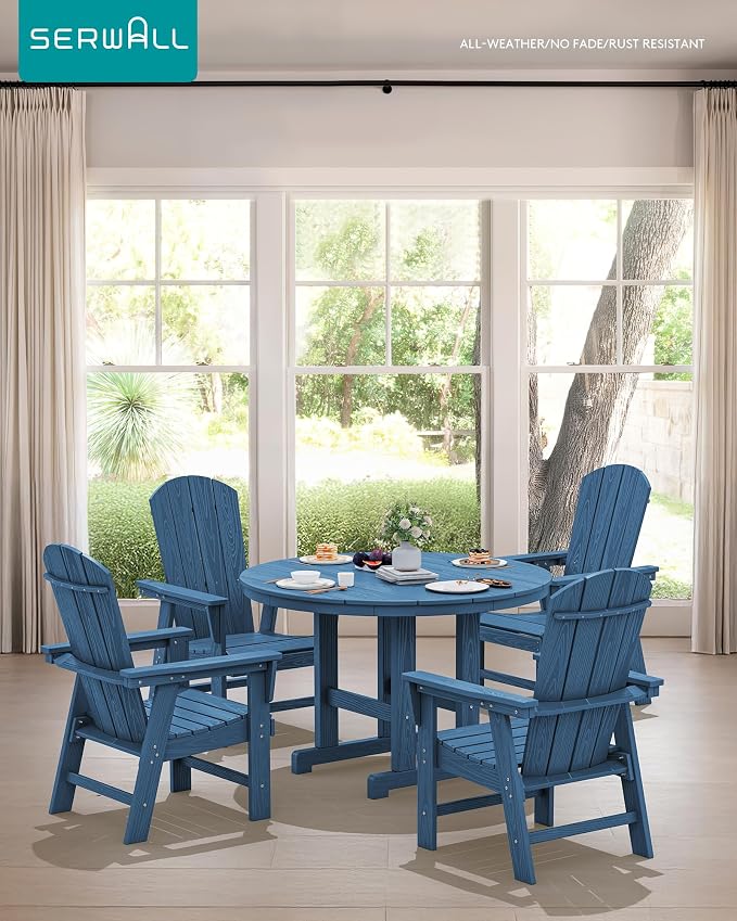 SERWALL 6-Piece Patio Dining Sets with Umbrella, HDPE Outdoor Table and Chairs Furniture Set, 45" Round Dining Table & 4 Adirondack Dining Chairs & 1 9FT Umbrella, Navy(Not Include Umbrella Base)