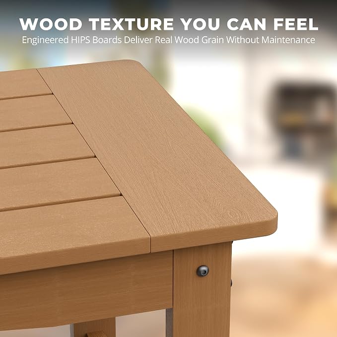 Outdoor Coffee Table, 35.4" x 17.5" All Weather Rectangle Patio Coffee Side Table for Garden Lawn Porch Poolside Balcony (Teak)