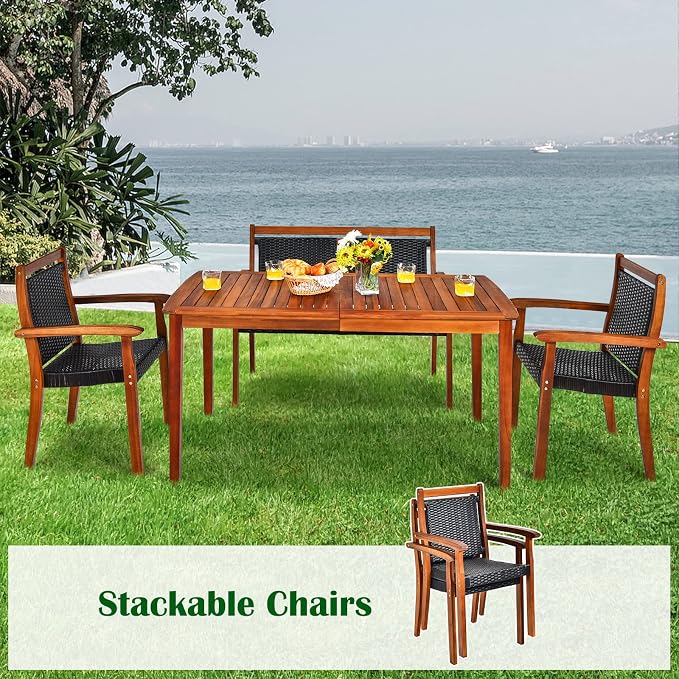 HAPPYGRILL 4 Piece Patio Dining Set Outdoor PE Rattan Space-Saving Dining Table Set with Umbrella Hole, Patio Armchairs and Acacia Wood Table Set for Garden Backyard Poolside