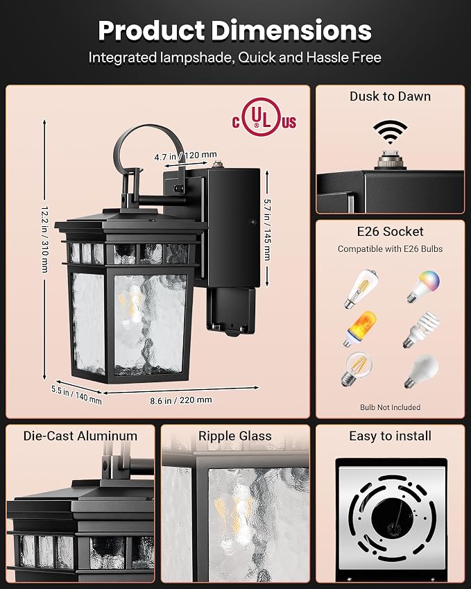 Gleamz Dusk to Dawn Outdoor Lighting with GFCI Outlet, Black Porch Lights Outdoor with Water-Ripple Glass, Anti-Rust Exterior Lights for House, Garage, Patio, Doorway, 100% Aluminum, Waterproof