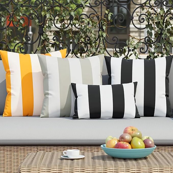 Pack of 2 Decorative Outdoor Waterproof Striped Throw Pillow Covers 18x18 | Yellow,Solid, Polyester Linen Garden Farmhouse Cushion Cases for Couch Sofa Patio Tent Balcony