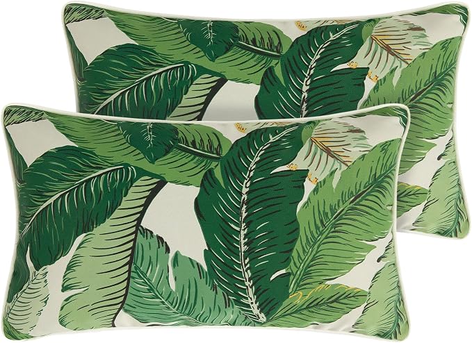 Lumbar Pillow Covers Set of 2, Outdoor Indoor Waterproof Decorative Patio Lumbar Pillowcase Shell 12x20 Inch, Rectangular Cushion Case for Couch Sofa Garden Farmhouse-Green Palm Leaf