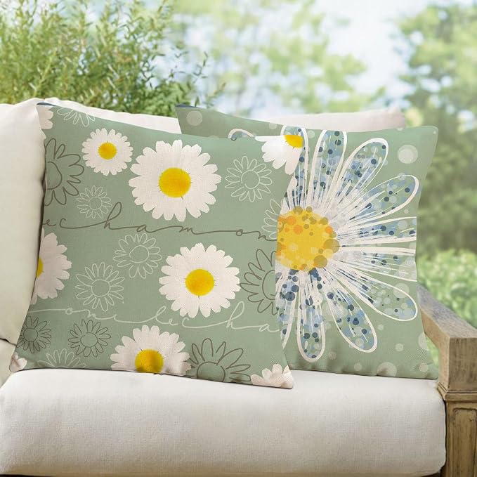 Spring Outdoor Pillow Covers Waterproof 18x18 Set of 4 Daisy Flower Farmhouse Decorative Floral Throw Pillows Covers Accent for Couch Sofa Patio Furniture Spring Home Decor