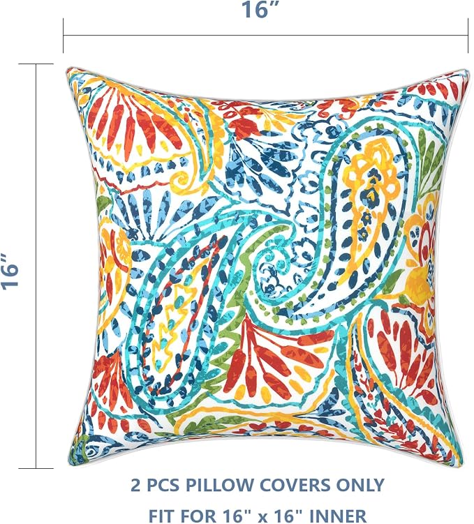 LVTXIII Outdoor Throw Pillow Covers Set of 2, Patio Waterproof Pillow Cases Fade Resistant Accent Pillow Covers for Home and Garden Furniture Decoration, 16x16, Paisley Multi
