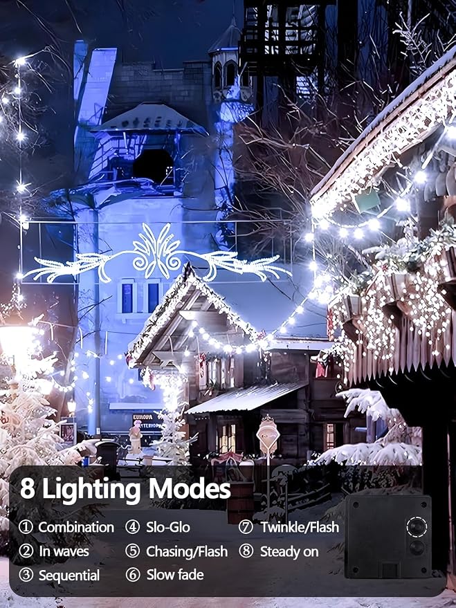 Solar String Lights Outdoor 6 Pack 600 LED Solar Christmas Light Cool White | 8 Lighting Modes, Memory Function, Auto On/Off, 198FT Waterproof Twinkle Lights for Outside Wedding Holiday Party Decorations