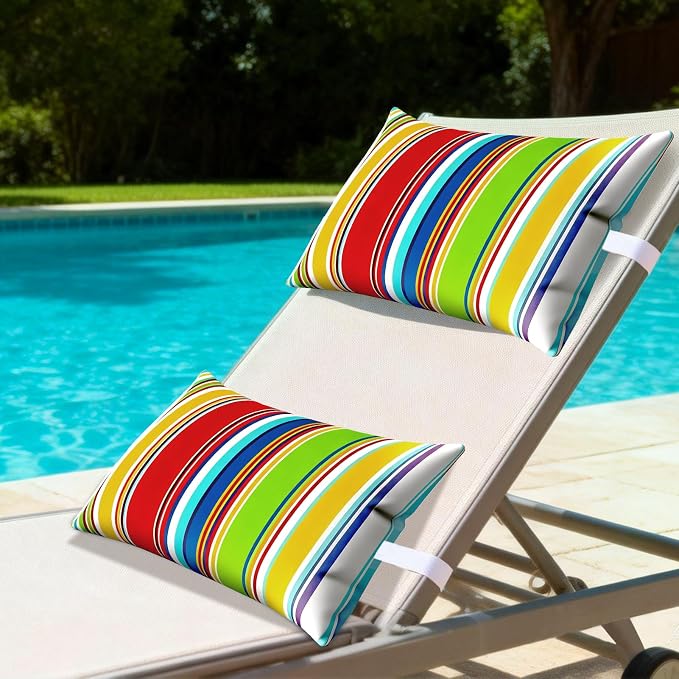 Outdoor Pillows for Lounge Chair Head Resting 2 Pack Waterproof | Headrest Lumbar Pillows with Adjustable Strap for Recliner Beach Pool Lounger Chair, Rainbow Stripes