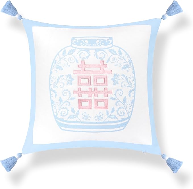 Hofdeco Premium Coastal Grandmillennial Patio Indoor Outdoor Throw Pillow Cover Only, 20"x20" Water Repellent for Backyard, Couch, Poolside, Baby Blue Pink Embroidered Happiness Chinoiserie Vase