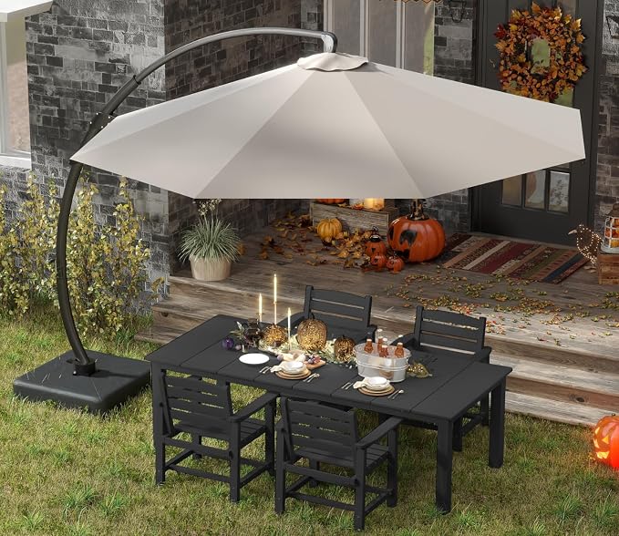 HDPE 5-Piece Outdoor Dining Set with 11FT Umbrella, Black | All-Weather Patio Table and Chairs for 4, Fade-Resistant Patio Furniture Dining Set for Lawn, Garden, Deck, Backyard