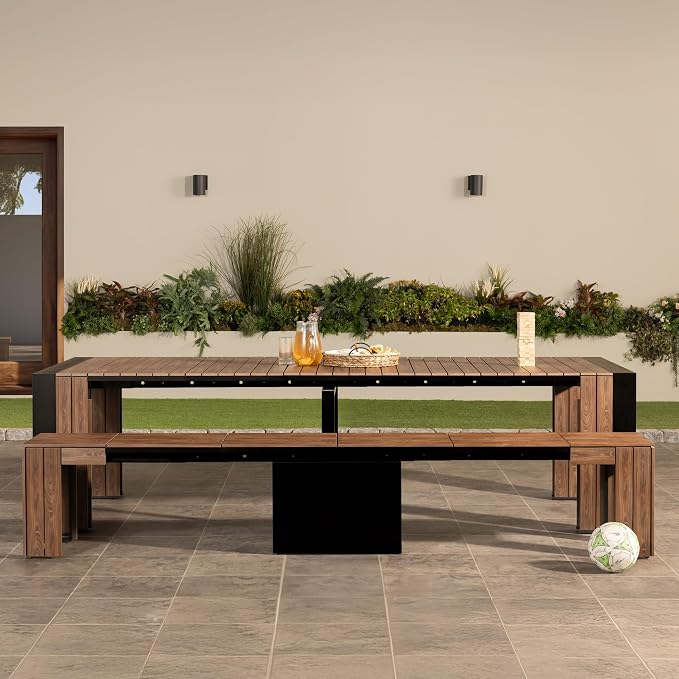 Transformer Table - Extendable Outdoor Dining Set up to 12 Seats, Expandable Patio Table, Weather-Resistant Patio Furniture, Outdoor Furniture, Dark Walnut, Brown (Table + Bench)