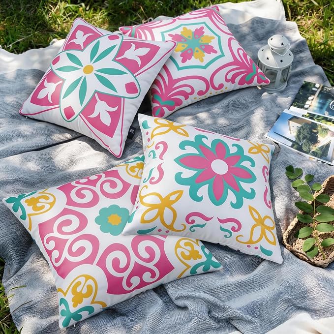 Pyonic Spring Summer Outdoor Pillows Waterproof Throw Pillow Covers Set of 4 Pink Green Floral Printed and Boho Farmhouse Outdoor Pillow Covers for Patio Funiture Garden 18x18 Inch