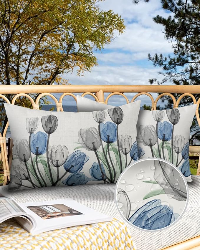 Vandarllin Outdoor Throw Pillows Covers 12X20 Set of 2 Waterproof Gray Blue Tulip Decorative Zippered Lumbar Cushion Covers for Patio Furniture, Spring Summer Flowers Floral
