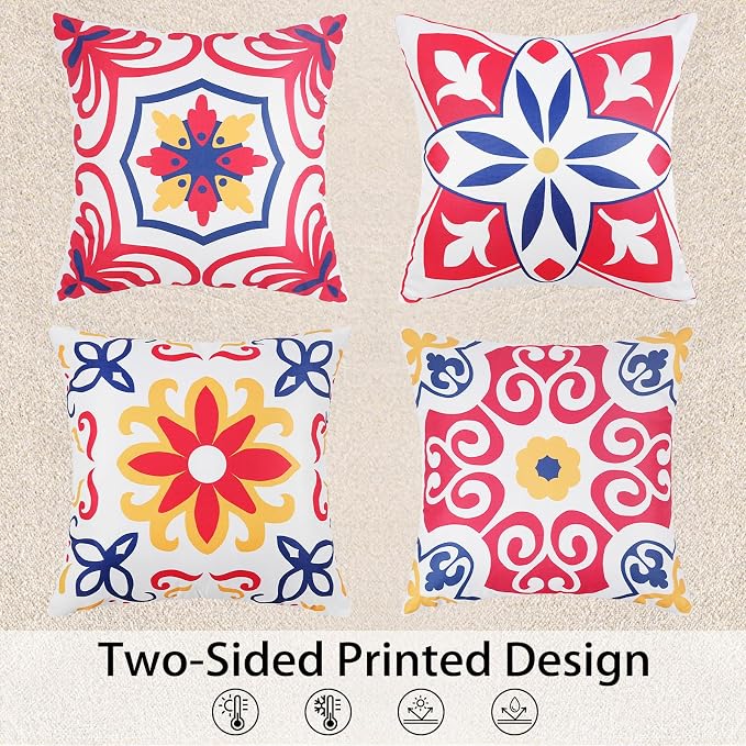 Pyonic 4th of July Outdoor Pillows Waterproof Throw Pillow Covers Set of 4 Red Blue White Floral Printed Patriotic Outdoor Pillow Covers for Patio Funiture Garden 18x18 Inch-Double Side