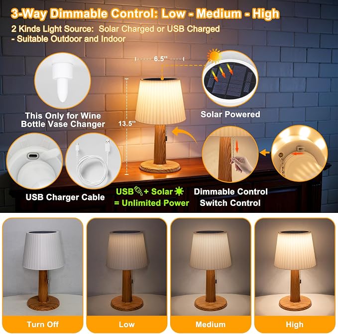 Beautyard Solar Table Lamps Outdoor Indoor - Mothers Gifts 3 Lighting Modes, 4000mAh Eye-Caring LED Waterproof Cordless Solar Desk Lamp with Pull Chain Garden Outside Patio Garden Bedroom