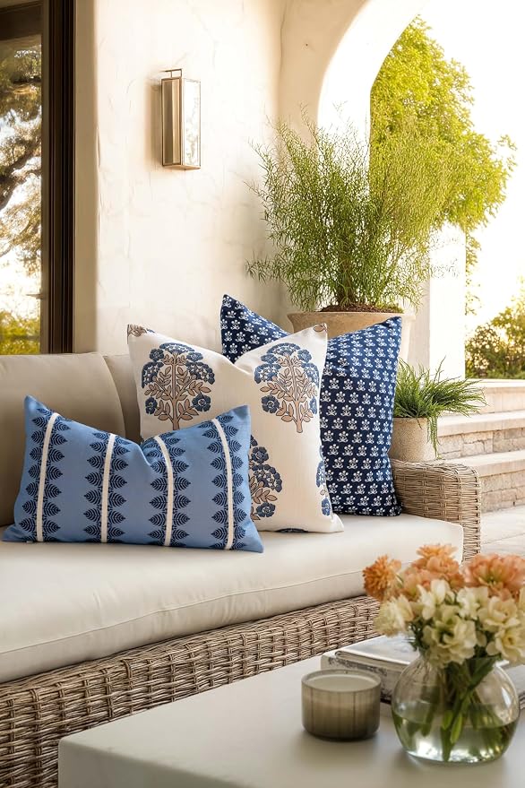 California Casual Coastal Indoor Outdoor Throw Pillow Cover, 20"x20" Water Repellent for Patio, Backyard, Couch, Poolside, Earth Tone Tan Azure Blue Block Print Hydrangea Flowers