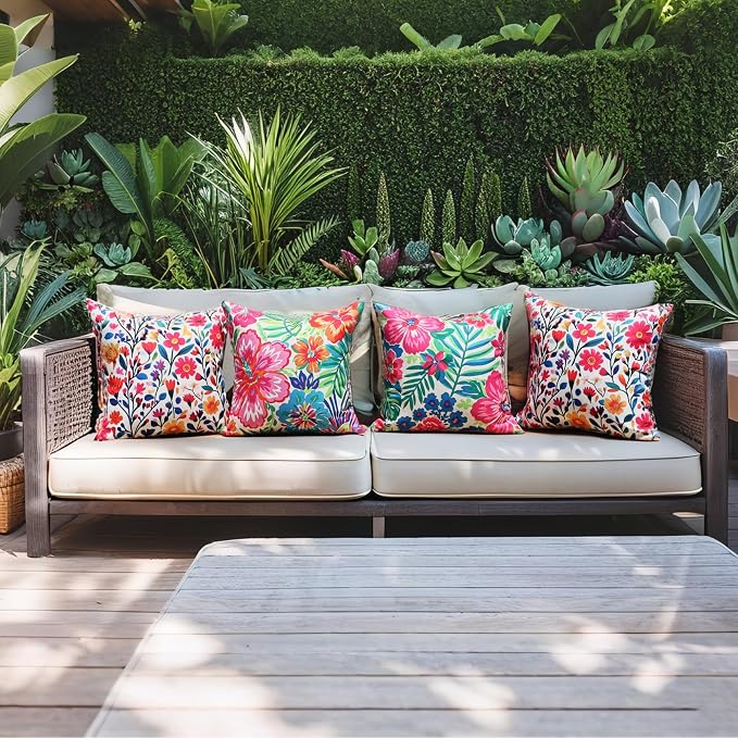 Outdoor Pillow Covers 18x18 Inch Set of 2 Tropical Floral Plants Boho Throw Pillows Cases Waterproof Square Garden Cushion Sham for Patio Funiture Tent Balcony Bench Sofa Couch