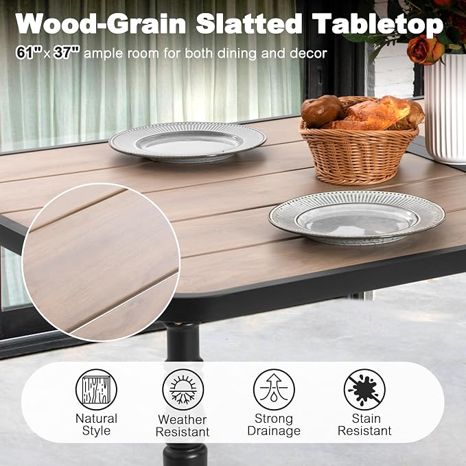 NUU GARDEN Patio Dining Table for 6, 61” x 37” Large Rectangle Metal Table with Wood-Grain Tabletop, Outdoor Table with 2.1” Umbrella Hole for Backyard, Lawn, Garden, Black