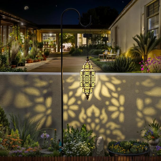 Twinkya Hanging Solar Lights Outdoor Garden Decorative Solar Lantern Waterproof Metal Moroccan Outdoor Decorations for Patio Pathway Yard Porch Backyard Garden Decor (Gold, 1 Pack)