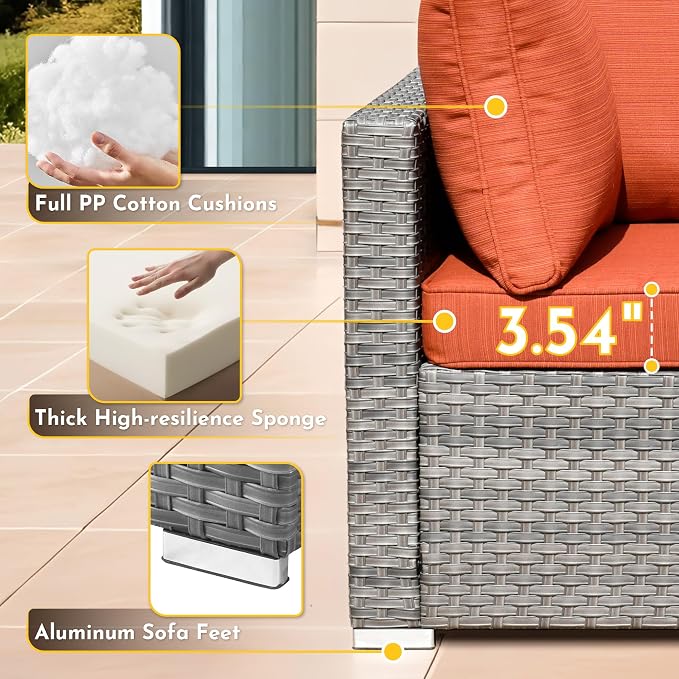 Weaxty 11 Piece Patio Furniture Set with Fire Pit Table, Outdoor Sectional Couch Swivel Rocker Patio Chairs with Coffee Table Wicker Conversation Sets for Balcony Backyard, Orange Red