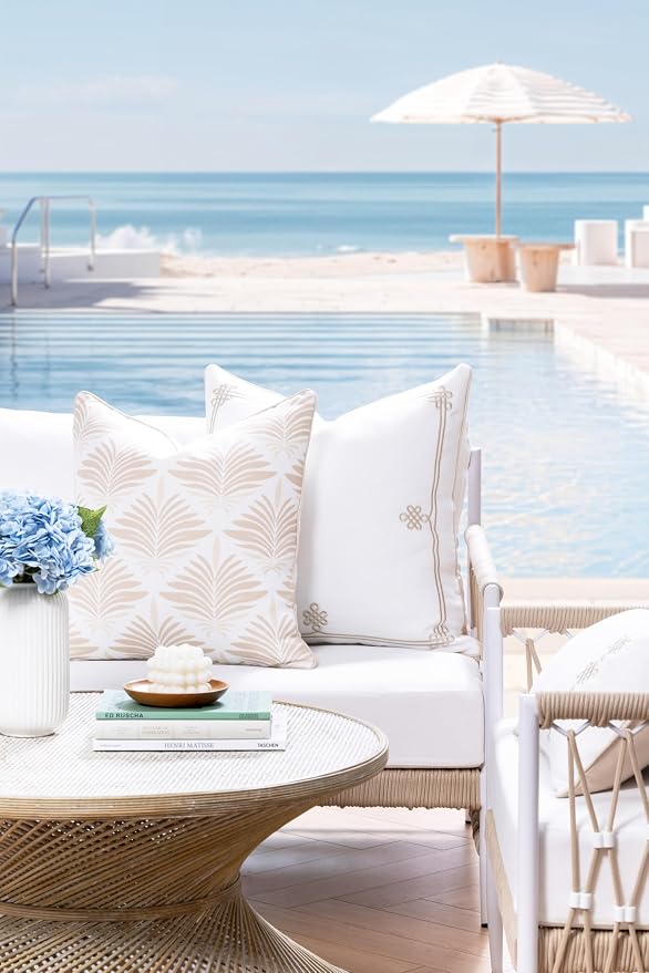 Hofdeco Premium Coastal Hampton Patio Indoor Outdoor Throw Pillow Cover Only, 20"x20" Water Repellent for Backyard, Couch, Poolside, Neutral Tan Print Abstract Plam Leaves