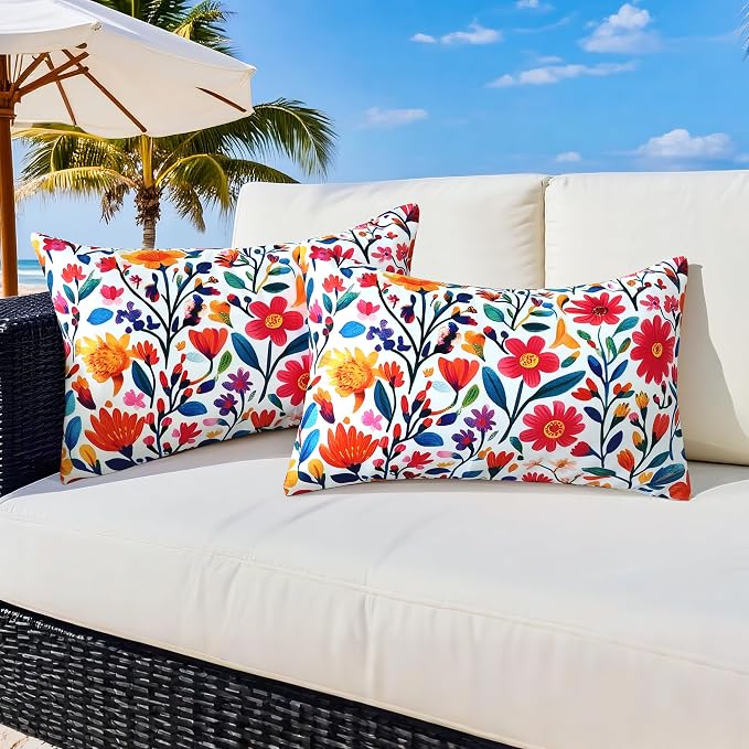 Outdoor Pillow Covers 12x20 Inch Set of 2 Floral Printed Boho Throw Pillows Cases Waterproof Square Garden Cushion Sham for Spring Summer Patio Funiture Tent Balcony Bench Sofa Couch