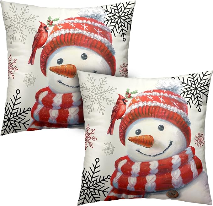 Red Snowman with Cardinal Bird Snowflake Pillow Covers 20x20 Set of 2 Christmas Winter Holiday Throw Pillow Covers Snowman Cushion Case for Living Room Bedroom Sofa
