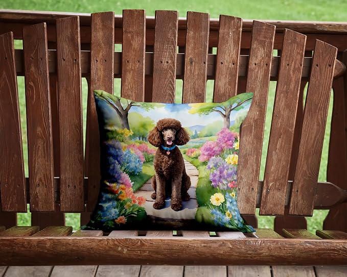 Caroline's Treasures Chocolate Poodle Spring Path Throw Pillow Machine Washable, Indoor Outdoor Decorative Pillow for Couch, Bed or Patio, 14Hx14W