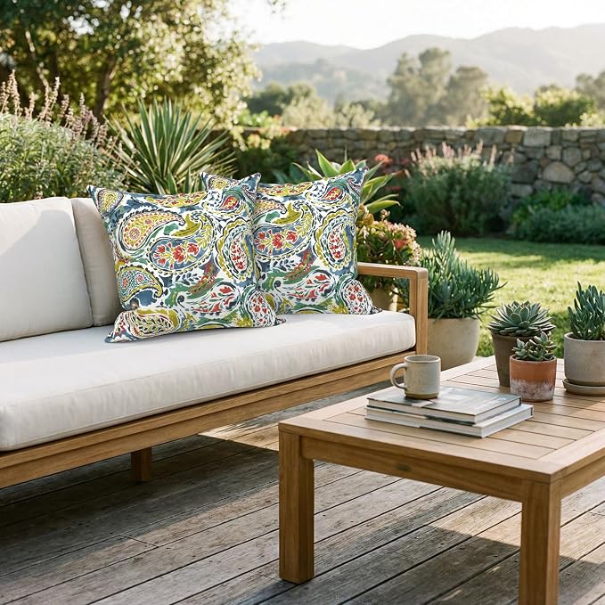 Outdoor 20x20 Inch Pack of 2 Patio Throw Pillow Covers ONLY, Water Repellent Cushion Cases, Square Pillowcases for Outdoor Couch Decoration, Paradise Paisley