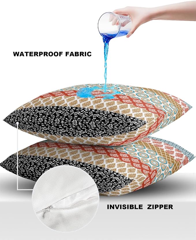 Boho Outdoor Pillow Covers Waterproof, Colorful Striped Ethnic Modern Geometric Abstract Art All Weather Cushion Case Set of 2, Decorative Pillowcases for Sofa Couch Bed Decor Patio Furniture 16"x16"