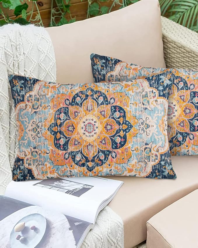 Outdoor Waterproof Pillow Covers Set of 2, Meddle Century Vintage Blue Carpet Mural Pattern Patio Throw Pillow Covers, Decorative Cushion Case for Couch Sofa Furniture Garden, 20x12 Inch