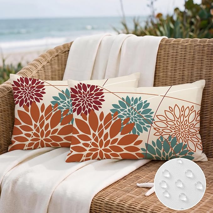 OTOSTAR Outdoor Orange Cyan Pillow Covers 12x20 Inch Set of 2 Red Flower Throw Pillows Farmhouse Geometric Dahlia Floral Lumbar Cushion Case Waterproof Decor for Sofa Patio Funiture Garden
